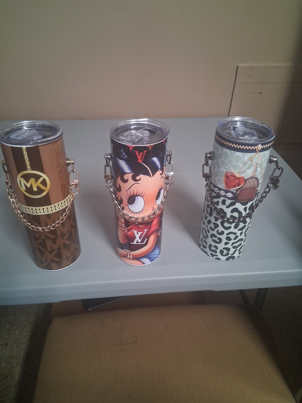 Michael Kors Brown and Gold Patterned Tumbler with Chain Handle